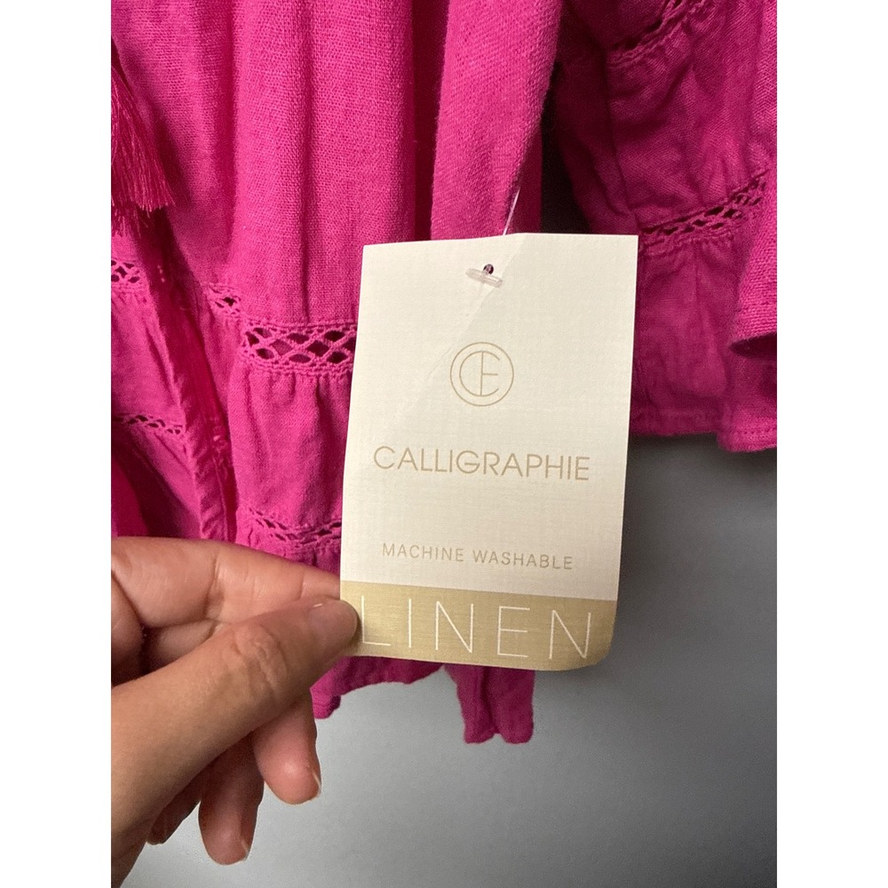 NWT Calligraphie Linen Blend Blouse Womens M Pink Boho Peasant Tassel Crochet - Picture 4 of 7